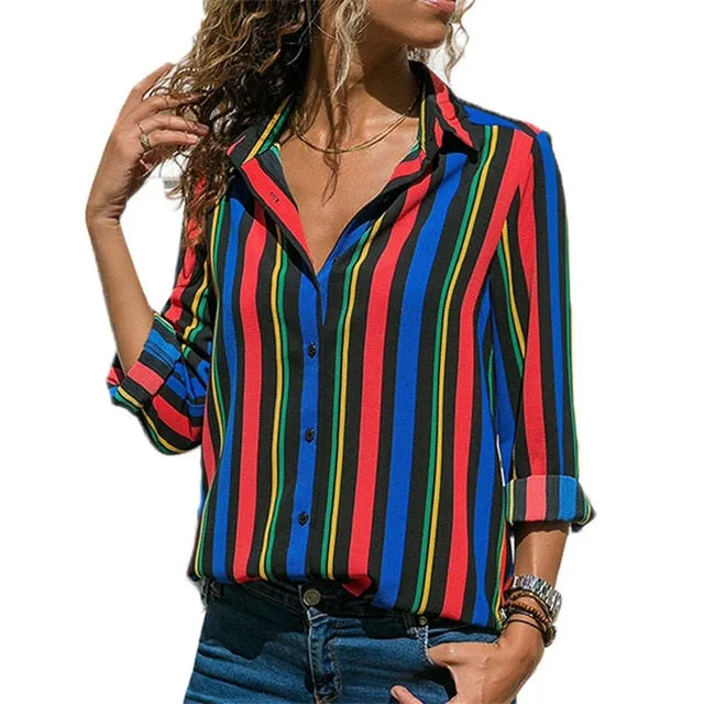 women shirts blouse women plus size chiffon blouse flower/strip printed loose long sleeve 2019 summer new full shirt chemisier f
