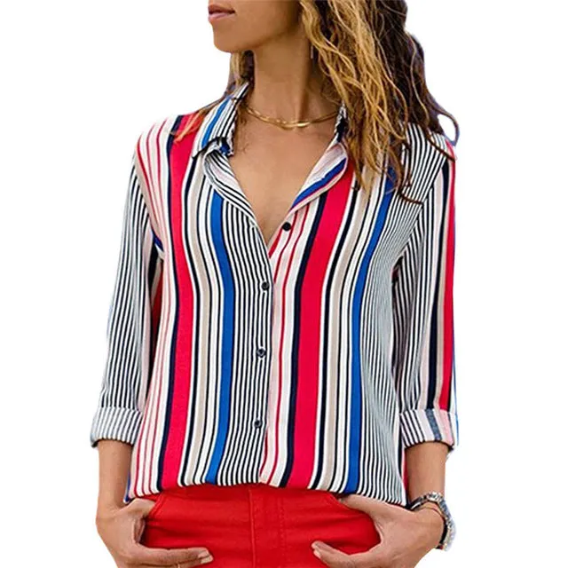 women shirts blouse women plus size chiffon blouse flower/strip printed loose long sleeve 2019 summer new full shirt chemisier f