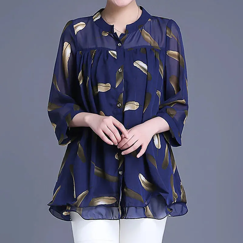 Women's 3/4 Sleeve Casual Printed Chiffon Blouse Summer Fashion New Single-breasted Thin Loose Pullovers Shirt Female Clothing