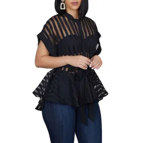 Women's Sexy Flared Tops Perspective Striped Tops Fashion Short Sleeve Blouse With Waist Belt