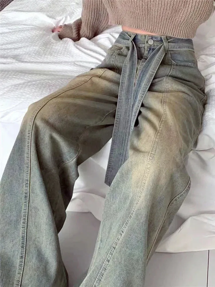 Y2k Denim Trousers For Women Cargo Jeans Streetwear Retro Wide Leg Straight Pants