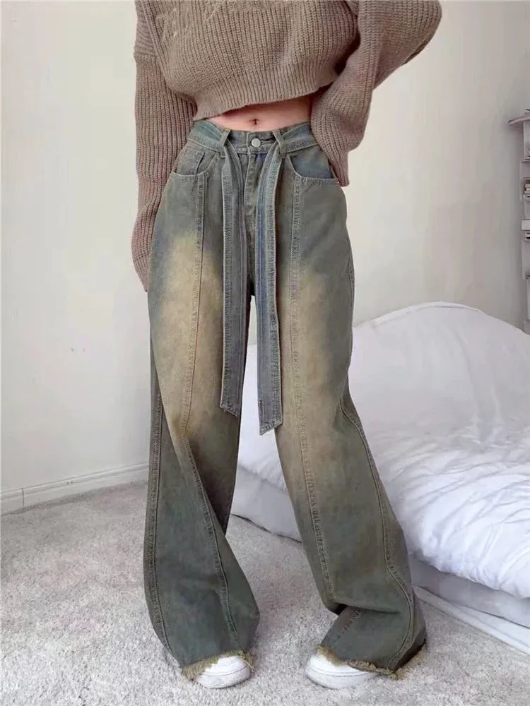 Y2k Denim Trousers For Women Cargo Jeans Streetwear Retro Wide Leg Straight Pants