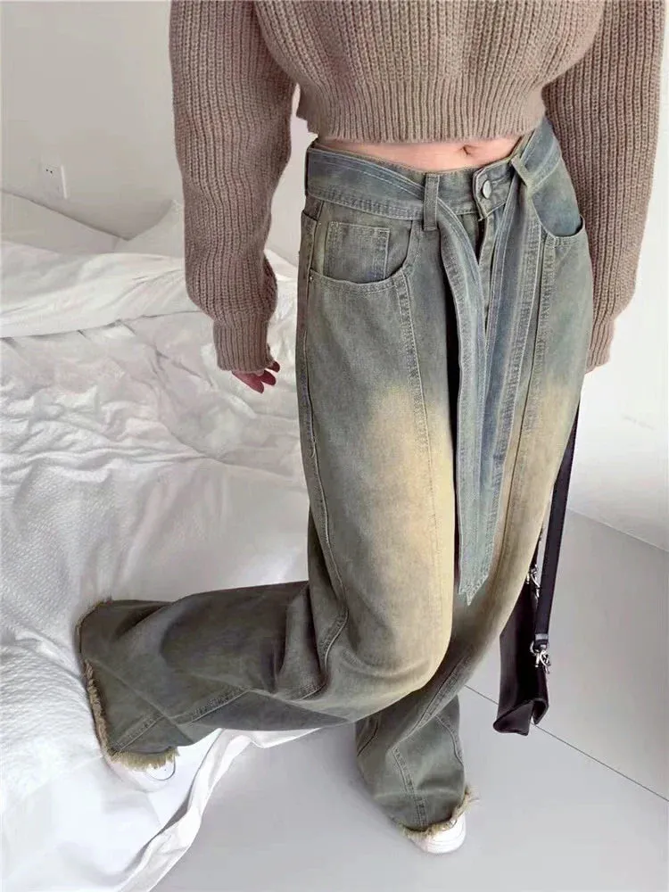 Y2k Denim Trousers For Women Cargo Jeans Streetwear Retro Wide Leg Straight Pants