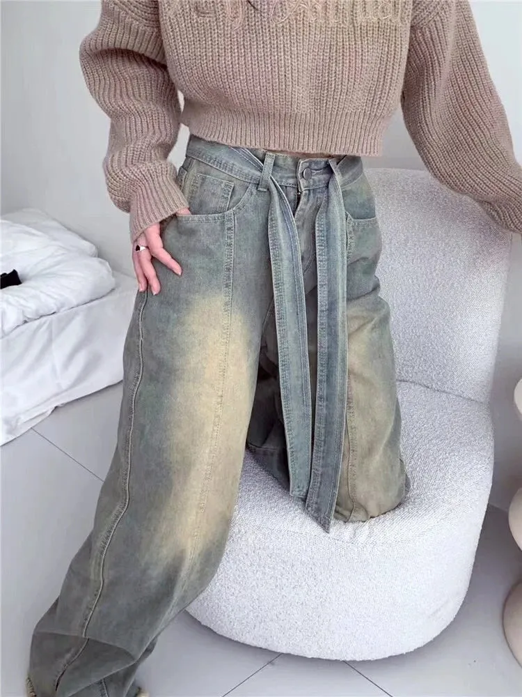 Y2k Denim Trousers For Women Cargo Jeans Streetwear Retro Wide Leg Straight Pants