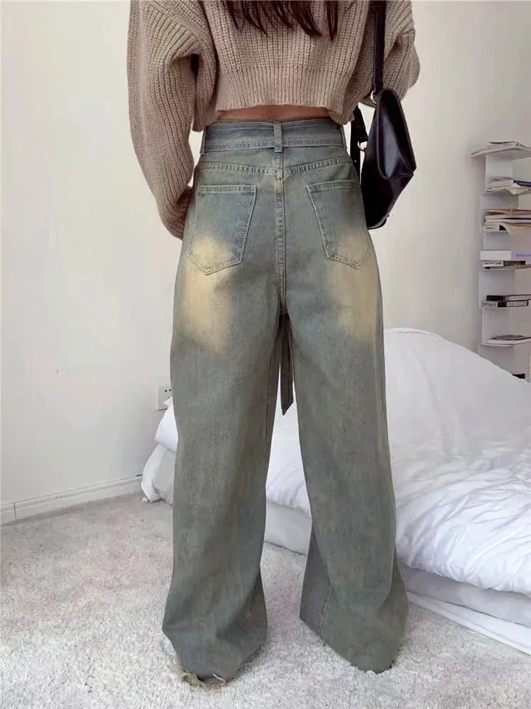 Y2k Denim Trousers For Women Cargo Jeans Streetwear Retro Wide Leg Straight Pants